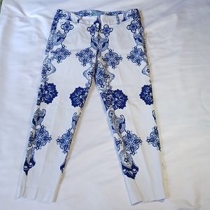 Prosecco Women's Bohemian Blue On White Print Pants Sz 8